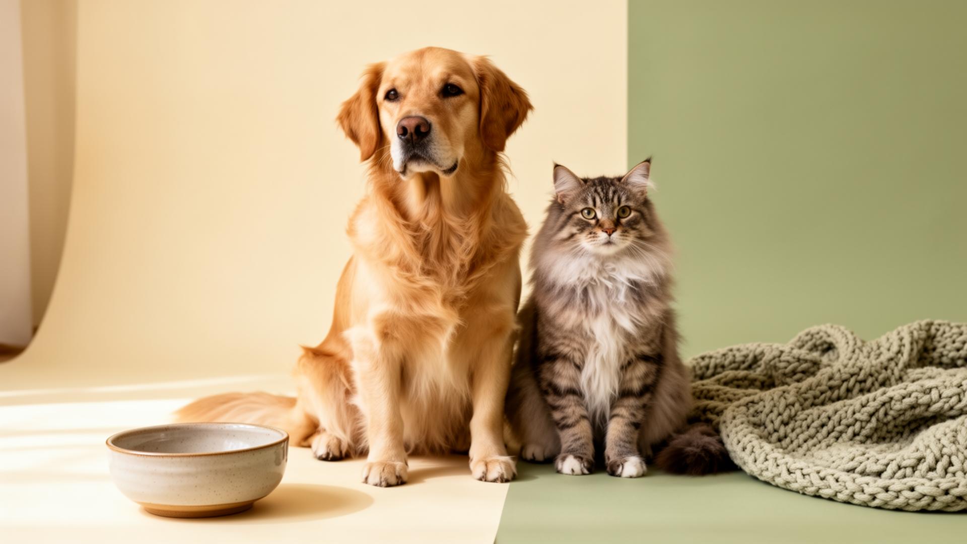 Spokojny golden retriever i puszysty kot w ciepłej, minimalistycznej scenerii